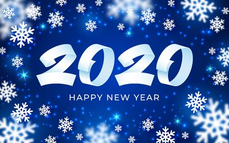 2020 happy new year background. Numeral text calligraphy banner. Abstract snowflakes white blue 3d greeting card. Christmas magic time poster template. Winter holiday concept vector illustrationのイラスト素材