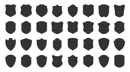 Shields glyph icons set. Security symbol. Coat arms silhouette icon. Safety, defense, protection signs for emblem, badge. Privacy protect black sign design. Isolated vector illustrationのイラスト素材