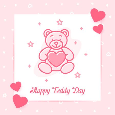 Teddy Bear on valentine card with text for happy Valentine's day, february 14, pink color, line icon style with decor, social network post template. Love, wedding, romantic symbol. Vector illustrationのイラスト素材