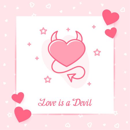 Devil Heart on valentine card with Love is a devil text for valentine's day, february 14, pink color, line icon style with decor, post template. Love, wedding, romantic symbol. Vector illustrationのイラスト素材