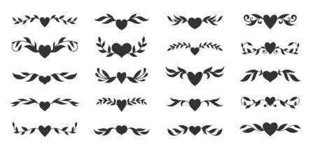 Hearts with floral wings set. Valentines day, love, wedding, romantic symbol. Tattoo design, glyph style. Text dividers, fancy decor border with tribal heart and decorative branch. Vector illustrationのイラスト素材