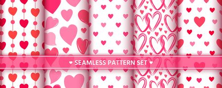 Heart seamless pattern set. Love, valentine's day, wedding, romantic symbol. Cute pink, red hearts signs, repeat ornament background for paper wrap, fabric print, wallpaper decor. Vector illustrationのイラスト素材