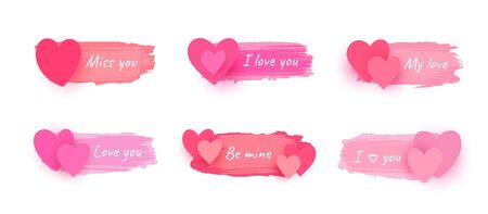 Hearts with shadow on pastel pink paint ink grunge brush stroke, valentines day card, wedding, love text poster template on artistic painted strips, holidays romantic boxes banner, vector illustrationのイラスト素材