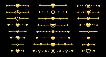 Gold dividers, metal effect with heart and arrow elements. Divider for valentine card border, book page, love text, certificate, wedding invitation, menu, romantic hearts design, vector illustrationのイラスト素材