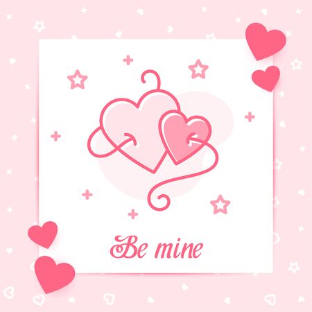 Two hearts fastened one thread valentine card with Be mine text for Valentines day, february 14 decor pink line icon, social networks post template. Love, wedding, romantic symbol. Vector illustrationのイラスト素材