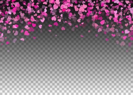 Pink hearts confetti falling on transparency grid, romantic background with heart shape petals for valentine, love, wedding, holiday design. Banner, card, frame, post template. Vector illustrationのイラスト素材