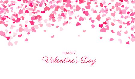 Happy valentines day card, pink hearts confetti falling background, love, wedding, romantic holidays banner template, heart greeting cards design, isolated on white background. Vector illustrationのイラスト素材