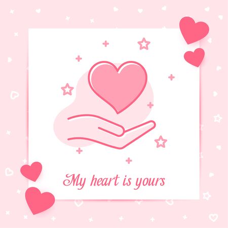 Heart on hand valentine card with My heart is yours text, happy Valentines day, february 14, pink line icon with decor, social network post template. Love, wedding, romantic symbol Vector illustrationのイラスト素材