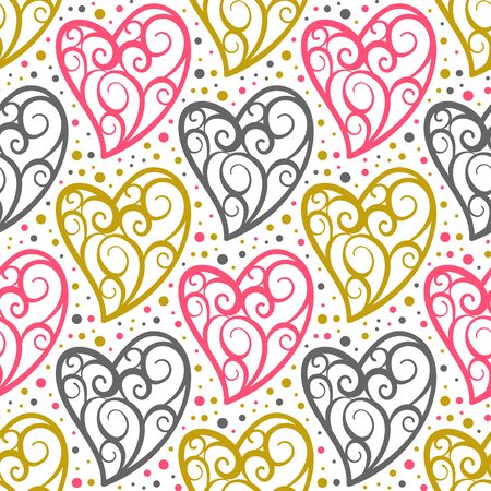 Heart seamless pattern. Love, valentines day, wedding, romantic symbol. Openwork ornate colorful hearts, repeat ornament, background for paper wrap, fabric print, wallpaper decor. Vector illustrationのイラスト素材