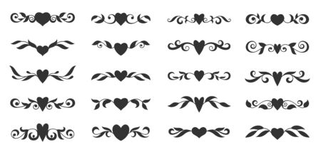 Hearts with floral wings set. Valentines day, love, wedding, romantic symbol. Tattoo design, glyph style. Text dividers, fancy decor border with tribal heart and decorative branch. Vector illustrationのイラスト素材