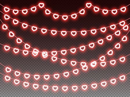Heart glowing light bulbs horizontal garlands on transparent background, love, valentine, wedding, romantic, valentines day holiday design, outline heart shape garlands decoration. Vector illustrationのイラスト素材
