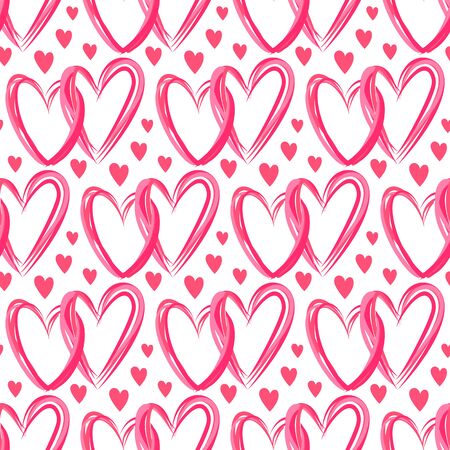 Heart seamless pattern. Love, valentines day, wedding, romantic symbol. Red, pink line double hearts, repeat ornament, background for paper wrap, fabric print, wallpaper decor. Vector illustrationのイラスト素材