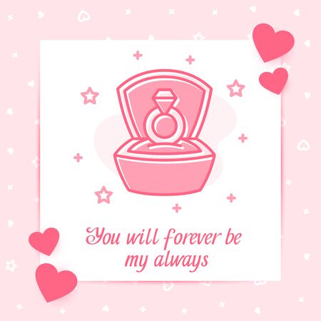 Marriage proposal ring in box valentine card with love text, Valentines day, february 14, pink line icon with decor, social networks post template. Love, wedding, romantic symbol. Vector illustrationのイラスト素材