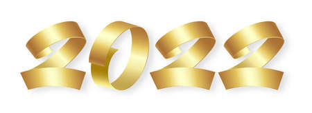 2022 new year banner. Golden ribbon numeral text calligraphy. Abstract gold 3d greeting header isolated on white background. Christmas time poster template. Winter holiday concept vector illustrationのイラスト素材