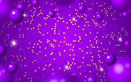 Abstract violet background. Purple 3d blurry balls shape with golden glitter dots. Party time bright gold sparkles lights poster template, website web page backdrop, flyer banner, greeting cardのイラスト素材