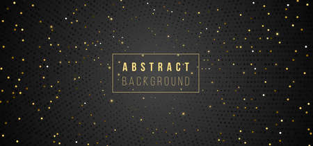 Abstract black gold dots background. Holiday bright metallic sparkles glitter backdrop. Festive poster, luxury web banner, flyer design, wallpaper. Golden round dot stars and lights on darkのイラスト素材