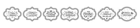 Black line labels Merry Christmas and Happy New Year. Congratulation stickers. Ornate elegant badge templates. Vintage frame retro filigree tags with greeting text. Linear border stamp stencilのイラスト素材