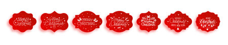 Red paper labels Merry Christmas and Happy New Year on white background. 3D tags with greeting text. Congratulation stickers. Ornate elegant badge templates. Vintage frame Victorian border shapes setのイラスト素材