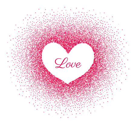 Love heart shape negative space frame. Valentines Day greeting card with glitter pink sparkles, wedding invitation, romantic web banner. February holiday loves symbol. Confetti particle design elementのイラスト素材
