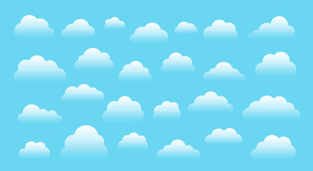 Gradient cloud set in flat style. White clouds with soft transparency and smooth gradients. Cumulus shapes, minimal cartoon style, rounded cloud forms. Weather signs, Sky elements, atmospheric symbolsのイラスト素材