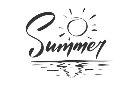 Summer handwritten word by black ink. Glowing sun rays above calm sea reflection ripple horizon sketch style. Brush lettering with shining wave stroke daylight mood heat breeze sunlight ocean beachのイラスト素材