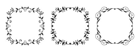 Square ornamental border set. Frame with abstract plant pattern, curved branches stylized leaves, berries. Hand drawn natural floral motif. Vintage template for laser cut engraving, etching, vignetteのイラスト素材