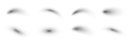 Halftone abstract shapes. Dotted gradient spots. Curved grain forms, round stipple figures, monochrome blur texture. Oval raster mesh, retro speck pattern, fading dot ornament. Black white shadingのイラスト素材