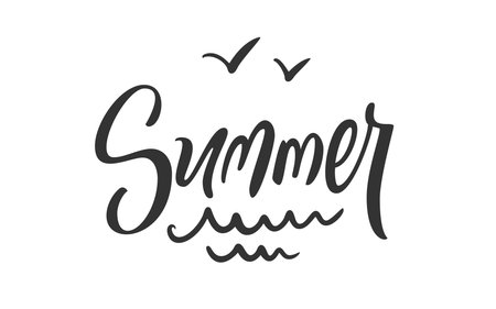Summer hand drawn lettering with wave and seagull doodle art. Curves handwritten word, soar birds, ripple waves around script. Stylized curvy type handwrite font seasonal motif, elegant typographyのイラスト素材