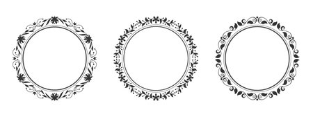 Circular floral frames set. Black ornate retro leaf pattern, thin swirl filigree botanical border motif. Vintage template for laser cut engraving, etching, vignette stencil, DIY foiling, rubber stampのイラスト素材