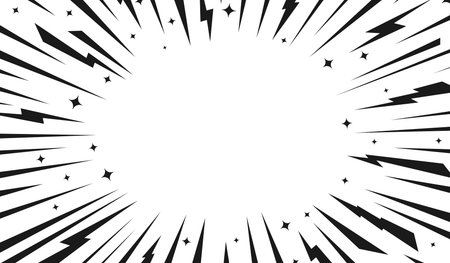 Speed Lines Explosion Comic Frame. Lightning Bolts, Rays Stars and Sparkles Border. Black and White Dynamic Energy Burst Manga Background with Copy Space for Text, Action Design. Vector Illustrationのイラスト素材