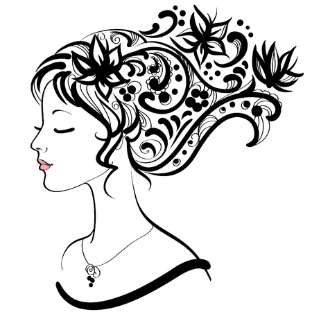 Woman face  with floral hairstyle のイラスト素材
