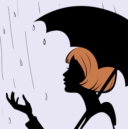 Beautiful young girl face silhouette with black umbrella on rainy day のイラスト素材