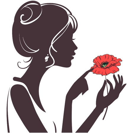 beauty six fingered girl silhouette with red poppyのイラスト素材