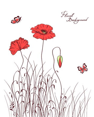 red poppy &amp, grass silhouettes backgroundのイラスト素材
