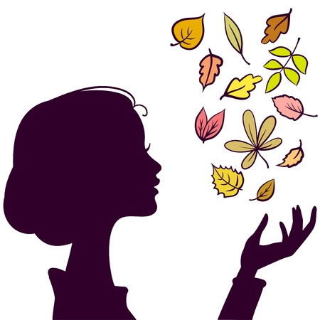Beautiful Girl Dark Silhouette. Young Woman with Autumn Color Leaf in Handのイラスト素材