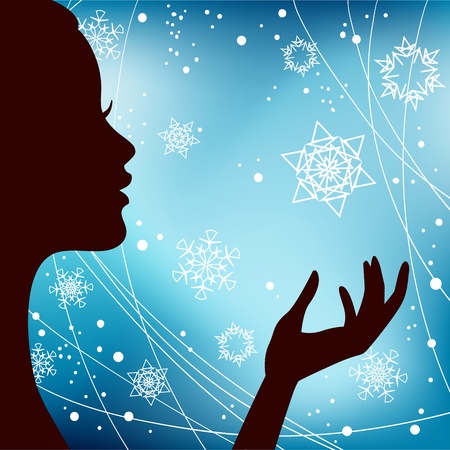 Christmas Eve background. Profile Silhouette of Pretty Young Woman with Snowflake in her Hand. Image May Be Use as Postcard or Placard のイラスト素材