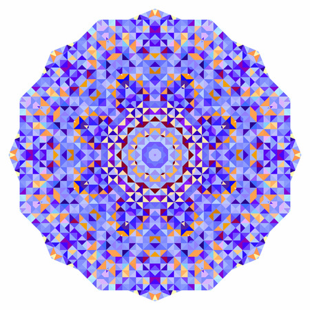 Abstract colorful circle backdrop. Mosaic round banner of blue violet red orange yellow white color geometric shapesのイラスト素材