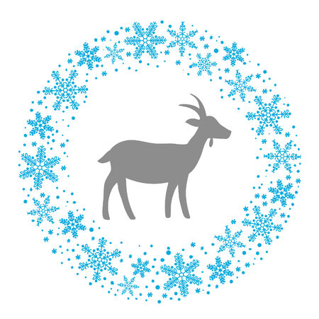 Winter Christmas Round Wreath with Snowflakes and Goat. Blue Grey and White Color Vector Illustrationのイラスト素材
