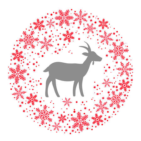 Winter Christmas Round Wreath with Snowflakes and Goat. Red Grey and White Color Vector Illustrationのイラスト素材