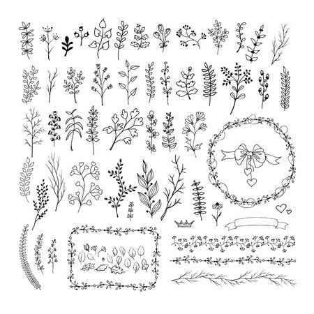 Floral vintage hand drawn vector collection. Set of ink doodle design elements isolated on white for wedding, birthday, christmas cards and other invitation. Rustic styleのイラスト素材