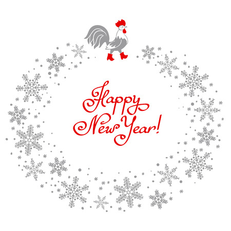 Rooster in red boots. Cartoon stylized rooster symbol of New Year 2017 isolated on white background. Round garland of snowflakesのイラスト素材