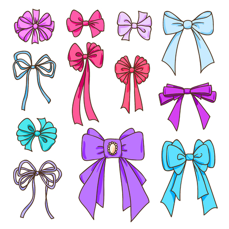 Set of color bows for the design congratulatory cards, gifts, souvenirs. Drawing sketches.のイラスト素材