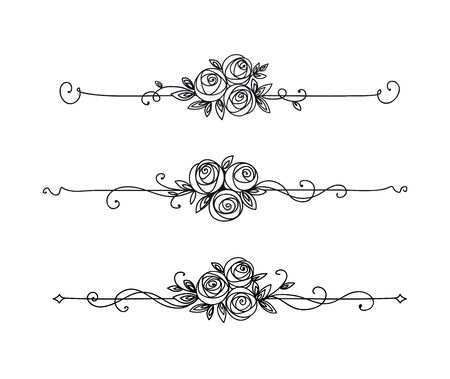 Floral elegant pattern black and white. Vintage element for decor line art. Rose flower outlineのイラスト素材