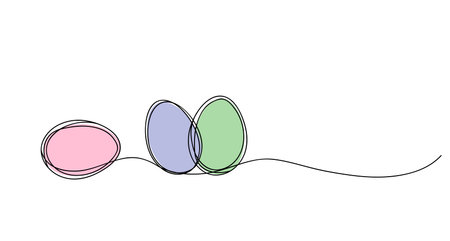 Three Easter Eggs One Continuous Line Art Pastel Pink Purple Green Spring Holiday Minimalist Vector Illustrationのイラスト素材