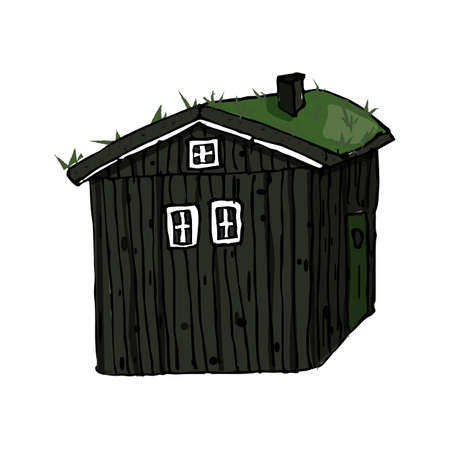 scandinavian gray wooden house with grass on the roof on white backgroundのイラスト素材