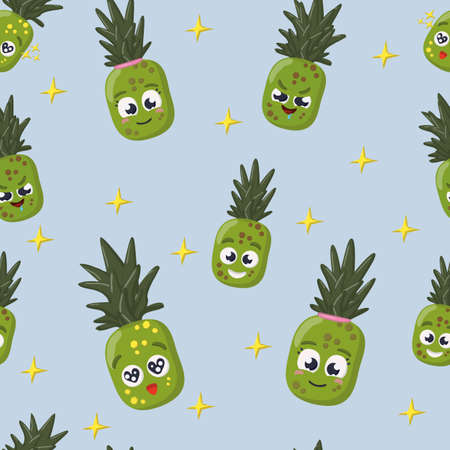 pineapple smiling happy open minded cartoon character repeat seamless pattern on blue backgroundのイラスト素材