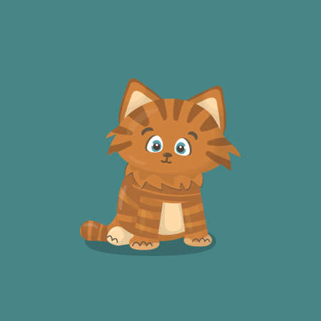 Small red or brown happy friendly cute isolated vector hand drawing cartoon character cat or kitten on blue or green backgroundのイラスト素材