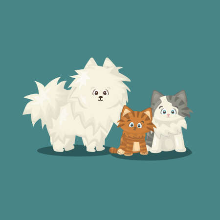 White fluffy cute cartoon happy isolated vector flat dog with two cats on blue or green background. One cat is white and gray, second is red with stripesのイラスト素材