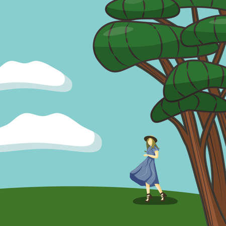 Beautiful girl in violet dress with hat and in sandals is in the forest on blue sky background, wind is blowing, woman is without faceのイラスト素材