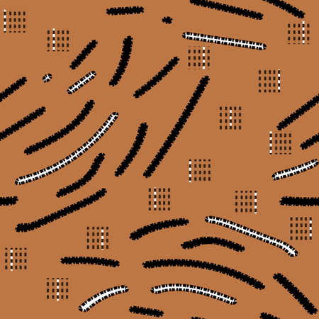 Abstract Brown seamless pattern with white, black, dark brown colors, lines, dots and other elements like worms on the groundのイラスト素材